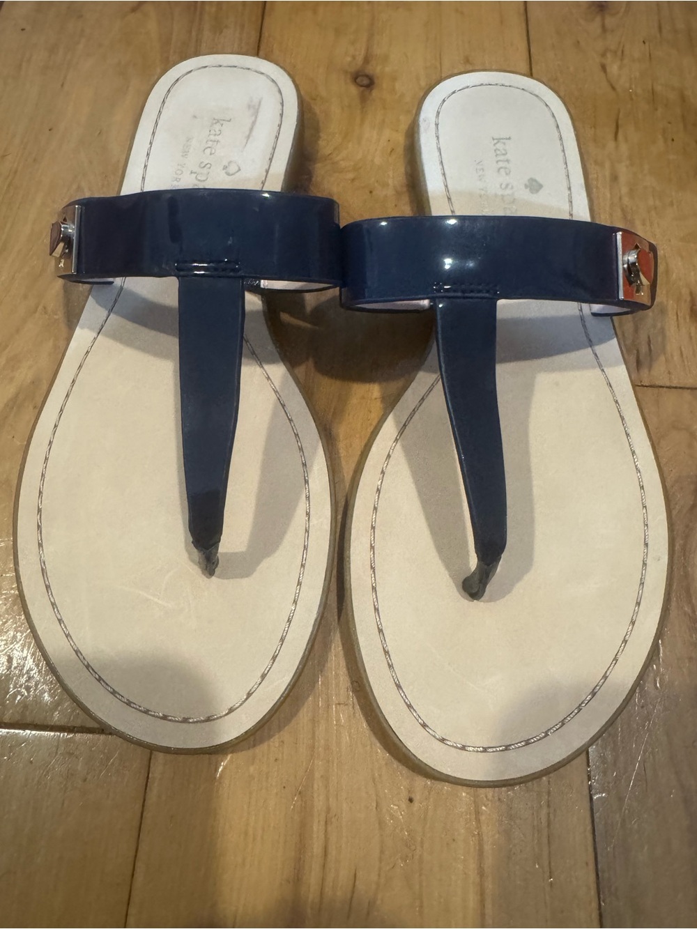 kate spade Navy Patent T-Strap Slide Sandals